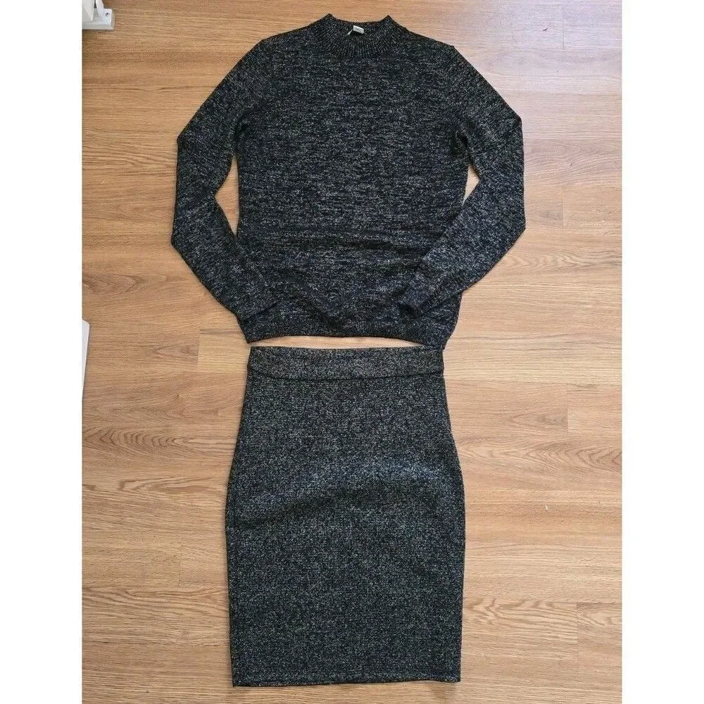 Diane von Furstenberg Wool Blend 2 Piece Sweater Skirt Set Sz M Metallic Glam